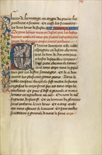 Initial E: Saint Anthony Raising Three Men Killed by Lions, about 1465-1470. Creators: Master of the Brussels Romuléon, Workshop of the Master of the Brussels Romuléon.