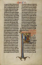 Initial F: Delivery of a Letter to Jews in Egypt; Marquette Bible, about 1270. Creator: Unknown.