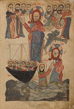 The Feeding of the Five Thousand: Jesus Walking on the Water; Gospel Book, 1386. Creator: Unknown.