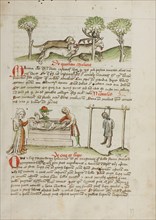 A Dog Hunting a Stag: A Man Killed by Hanging and A Woman Laying..., third quarter of 15th century. Creator: Unknown.