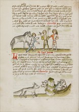 A Man Leading a Horse to Two Other Men: A Wolf before a Flock of..., third quarter of 15th cent. Creator: Unknown.