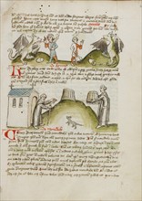 A Dragon and a Farmer with a Club: A Hermit before a Chapel and a..., third quarter of 15th century. Creator: Unknown.