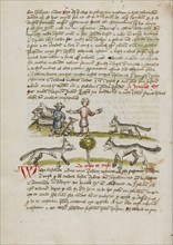 A Shepherd with his Dog and Flock: A Man Chasing Away a Wolf; Fables, third quarter of 15th century. Creator: Unknown.