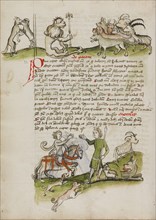 A Wolf Fighting with a Ram and a Lion with a Scepter before a Group..., third quarter of 15th cent. Creator: Unknown.