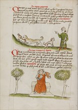 A Dog Biting a Hare and A Hunter Speaking to the Dog: A Man..., third quarter of 15th century. Creator: Unknown.