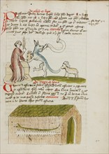 A Cleric Instructing a Wolf with a Rod: A Snake in a House; Fables, third quarter of 15th century. Creator: Unknown.