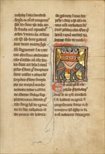 An Elephant Carrying Three Soldiers; De Natura Avium; De Pastoribus et Ovibus, 1277 or after. Creator: Unknown.