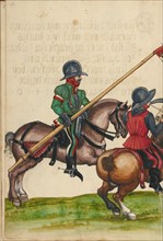 Three Horsemen in Armor from the Time of Emperor Sigismund; Tournament Book, about 1560-1570. Creator: Unknown.