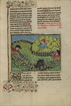 Hunters Driving a Wild Boar into a Pit; Livre de la Chasse, about 1430-1440. Creator: Unknown.