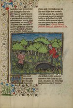 A Hunter Wounding a Wild Boar Caught in a Pit; Livre de la Chasse, about 1430-1440. Creator: Unknown.