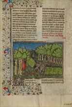 A Wolf Attracted with Bait to a Covered Pit; Livre de la Chasse, about 1430-1440. Creator: Unknown.