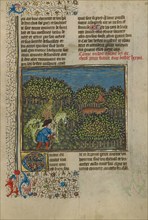 A Camouflaged Horseman and an Archer Approaching a Deer; Livre de la Chasse, about 1430-1440. Creator: Unknown.