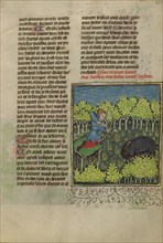 An Archer on a Platform Shooting at a Wallowing Wild Boar; Livre de la Chasse, about 1430-1440. Creator: Unknown.