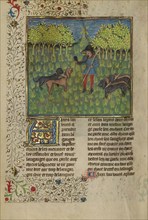 A Hunter Training Dogs to Respond to the Call of the Horn; Livre de la Chasse, about 1430-1440. Creator: Unknown.