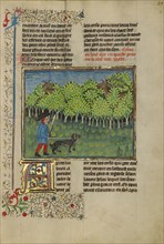 A Hunter and a Dog Spying on a Doe and a Troating Stag; Livre de la Chasse, about 1430-1440. Creator: Unknown.