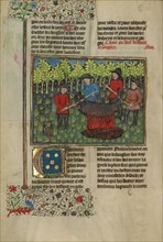 Hunters Dismembering a Boar's Carcass; Hunters Roasting a Dismembered Boar's..., about 1430-1440. Creator: Unknown.