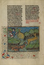 A Hunter and Dogs Pursuing a Stag; Livre de la Chasse, about 1430-1440. Creator: Unknown.