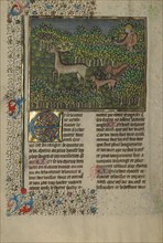 A Hunter and Dogs Pursuing a Fallow Deer; Livre de la Chasse; A Deer Hunt, about 1430-1440. Creator: Unknown.