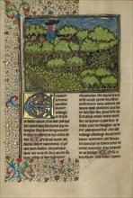 A Hunter and Dogs Pursuing a Wild Boar; Livre de la Chasse, about 1430-1440. Creator: Unknown.