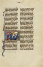 Initial E: A Man Standing before a Judge Pointing to a Fire and Two Men before..., about 1290-1310. Creator: Unknown.