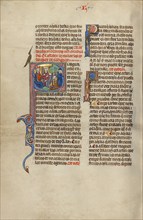 Initial S: A King and a Man Pointing to Two Others Chopping Trees; Vidal Mayor, about 1290-1310. Creator: Unknown.