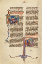 Initial E: Riders on Horseback: Initial S: A Judge and Men with Axes in a Vineyard, about 1290-1310. Creator: Unknown.