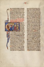 Initial E: Three Men before a Judge and A Man Visiting Another Man at his House, about 1290-1310. Creator: Unknown.