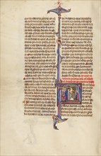 Initial A: A Man before a King and A Man within a Doorway Receiving the Body..., about 1290-1310. Creator: Unknown.