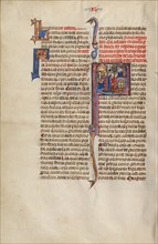 Initial S: Two Men before a King; Others Watching Two Men Fighting; Vidal Mayor, about 1290-1310. Creator: Unknown.