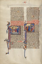 Initial S: Two Men Shaking Hands after a Sale of Sheep: Initial Q: Three Men..., about 1290-1310. Creator: Unknown.