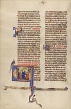 Initial E: Three Men Speaking to a Couple in the Presence of a Notary; Vidal Mayor, about 1290-1310. Creator: Unknown.