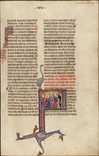 Initial S: A Man and a Woman Speaking while a Woman Stands Nearby with a Child..., about 1290-1310. Creator: Unknown.