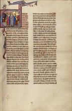 Initial E: Four Men before a Man Sitting at a Table while Another Man Stands ..., about 1290-1310. Creator: Unknown.