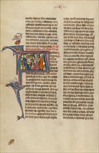 Initial A: Two Men Speaking before a Judge in the Presence of a Notary; Vidal Mayor, about 1290-1310 Creator: Unknown.