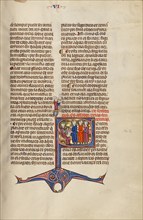 Initial S: Three Men Speaking before a Judge; Vidal Mayor, about 1290-1310. Creator: Unknown.