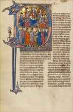 Initial D: A King Enthroned with Nobles and Lay People and Clerics in Conversation, about 1290-1310. Creator: Unknown.