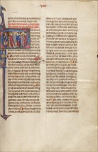 Initial T: Clerics, Nobles, and Peasants Standing before a King; Vidal Mayor, about 1290-1310. Creator: Unknown.