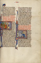 Initial C: A Wounded Man Lying under a Tree and a Man with a Sword Speaking..., about 1290-1310. Creator: Unknown.