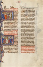 Initial I: A Man Giving a Goblet to a Man and Another Man Killed by Hanging..., about 1290-1310. Creator: Unknown.