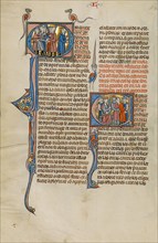 Initial Q: A Group of Men with Weapons and One Man Unarmed: Initial E..., about 1290-1310. Creator: Unknown.