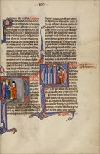 Initial Q: A Man Greeting Two Men from his Doorway: Initial Q: Two Men..., about 1290-1310. Creator: Unknown.