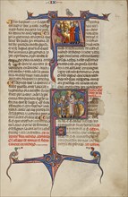 Initial A: Two Men before a Judge: Initial S: Two Men Fighting with a Club and..., about 1290-1310. Creator: Unknown.