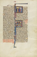 Initial S: An Attorney Standing before a Group of Men: Initial S: An Attorney..., about 1290-1310. Creator: Unknown.