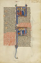 Initial S: A Soldier and a Family before a King: Initial P: Four Men before a King, about 1290-1310. Creator: Unknown.