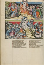 Abimelech Destroying Shechem: Abimelech Killed by the Woman of Thebes; Weltchronik, about 1400-1410. Creator: Unknown.