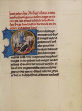 Initial O: A Woman on her Deathbed with the Virgin and Child and Devils; Book of Hours, about 1500. Creator: Workshop of Gerard Horenbout.