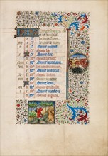 November Calendar Page: Gathering Acorns for Pigs: Sagittarius; Book of Hours, about 1440-1450. Creator: Workshop of the Bedford Master.