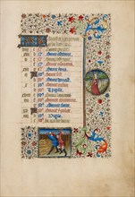 August Calendar Page: Threshing: Virgo; Book of Hours, about 1440-1450. Creator: Workshop of the Bedford Master.