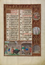 October Calendar Page: Slaughtering and Ox and Grape Harvesting: Libra, about 1510-20. Creator: Workshop of the Master of James IV of Scotland.