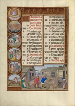 November Calendar Page: Threshing and Pig Feeding: Sagittarius; Spinola Hours, about 1510-1520. Creator: Workshop of the Master of James IV of Scotland.